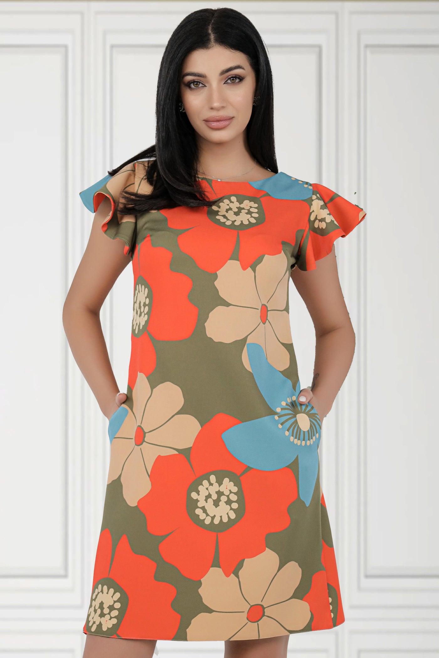 Rochie MBG olive cu flori orange