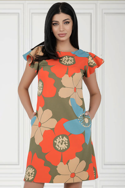 Rochie MBG olive cu flori orange