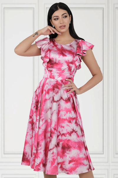 Rochie MBG satinata fuchsia in degrade cu volane pe bust