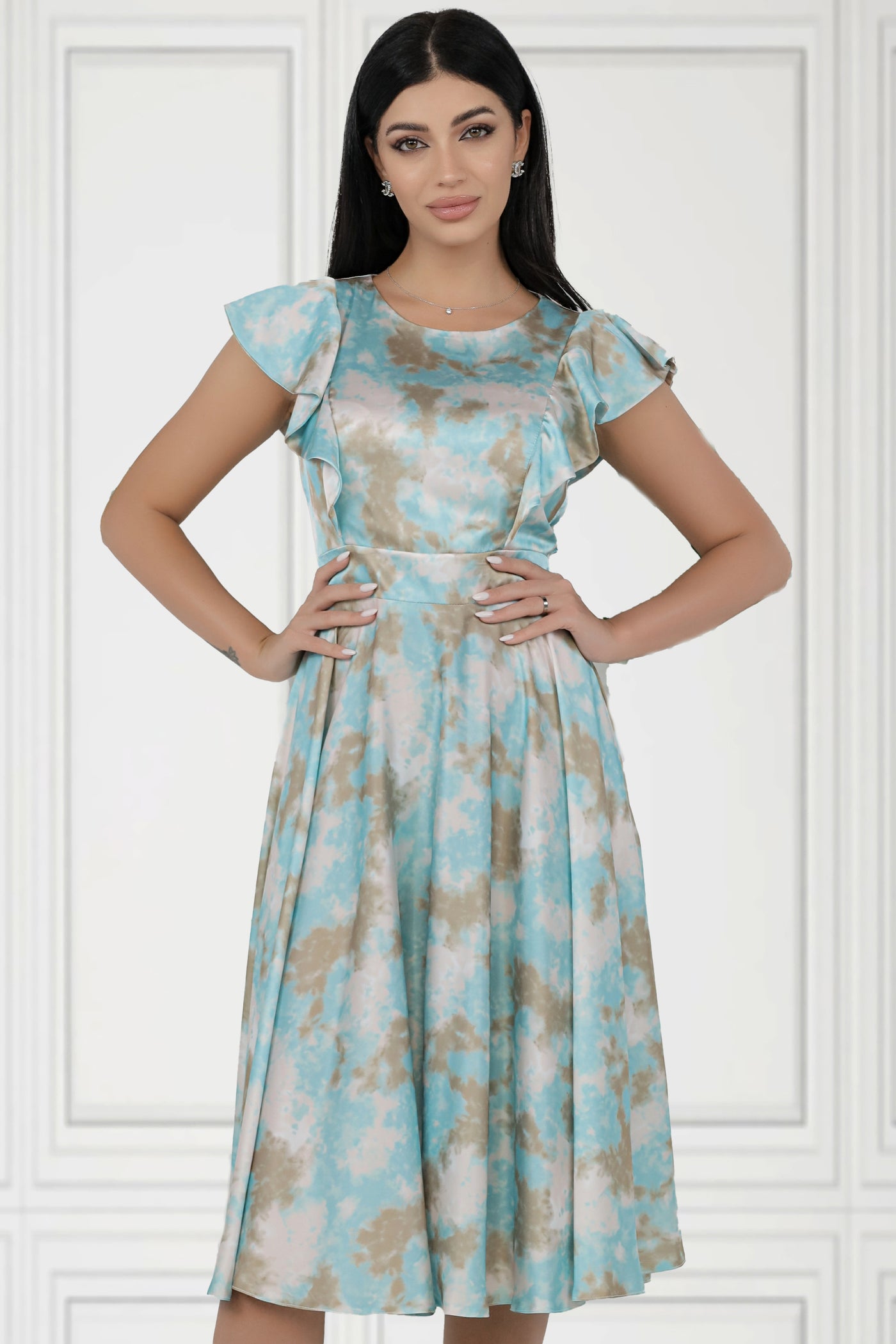 Rochie MBG satinata bleu in degrade cu volane pe bust