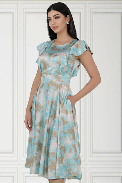 Rochie MBG satinata bleu in degrade cu volane pe bust