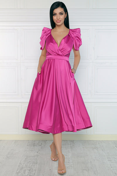 Rochie MBG fuchsia cu maneca din falduri