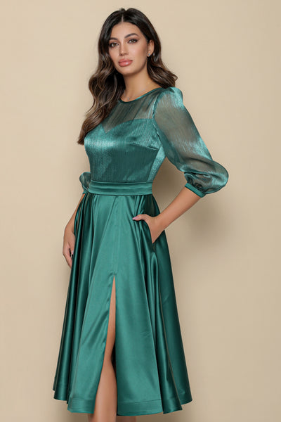 Rochie MBG verde din tafta cu organza pe bust