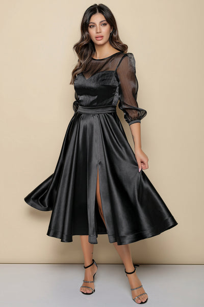 Rochie MBG neagra din tafta cu organza pe bust