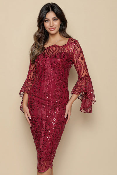 Rochie MBG bordo din tull brodat cu maneca clopot