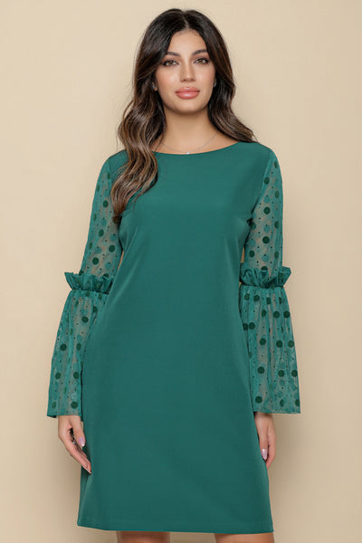 Rochie MBG verde cu maneci clopot din tull cu buline catifelate