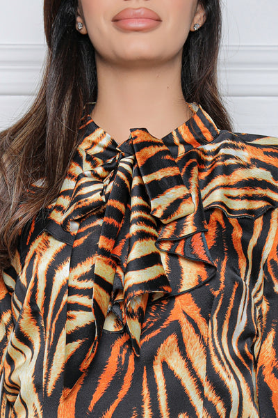 Bluza MBG cu imprimeu zebra galben si guler tip esarfa