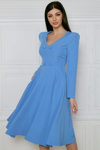 Rochie MBG bleu cu umeri buretati si nasturi decorativi