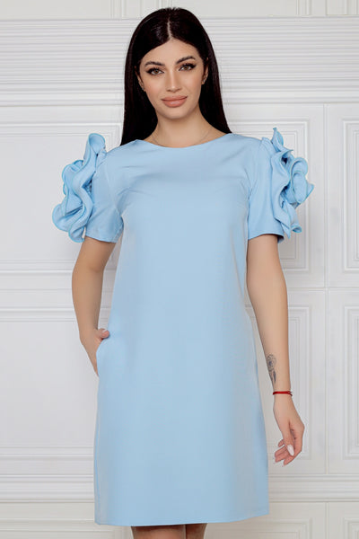 Rochie MBG bleu cu trandafir manual pe maneci