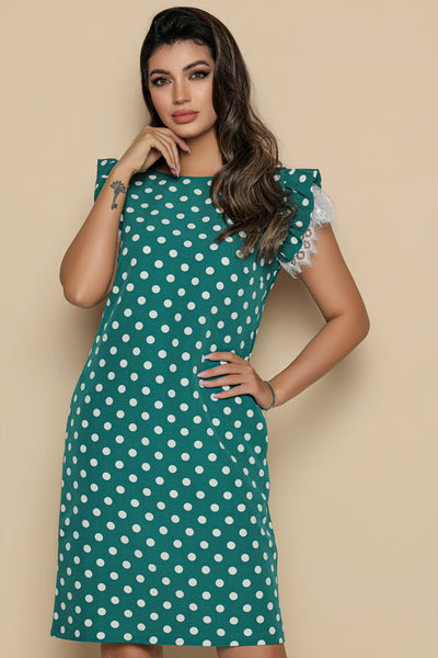 Rochie MBG verde cu buline si maneci tip volan