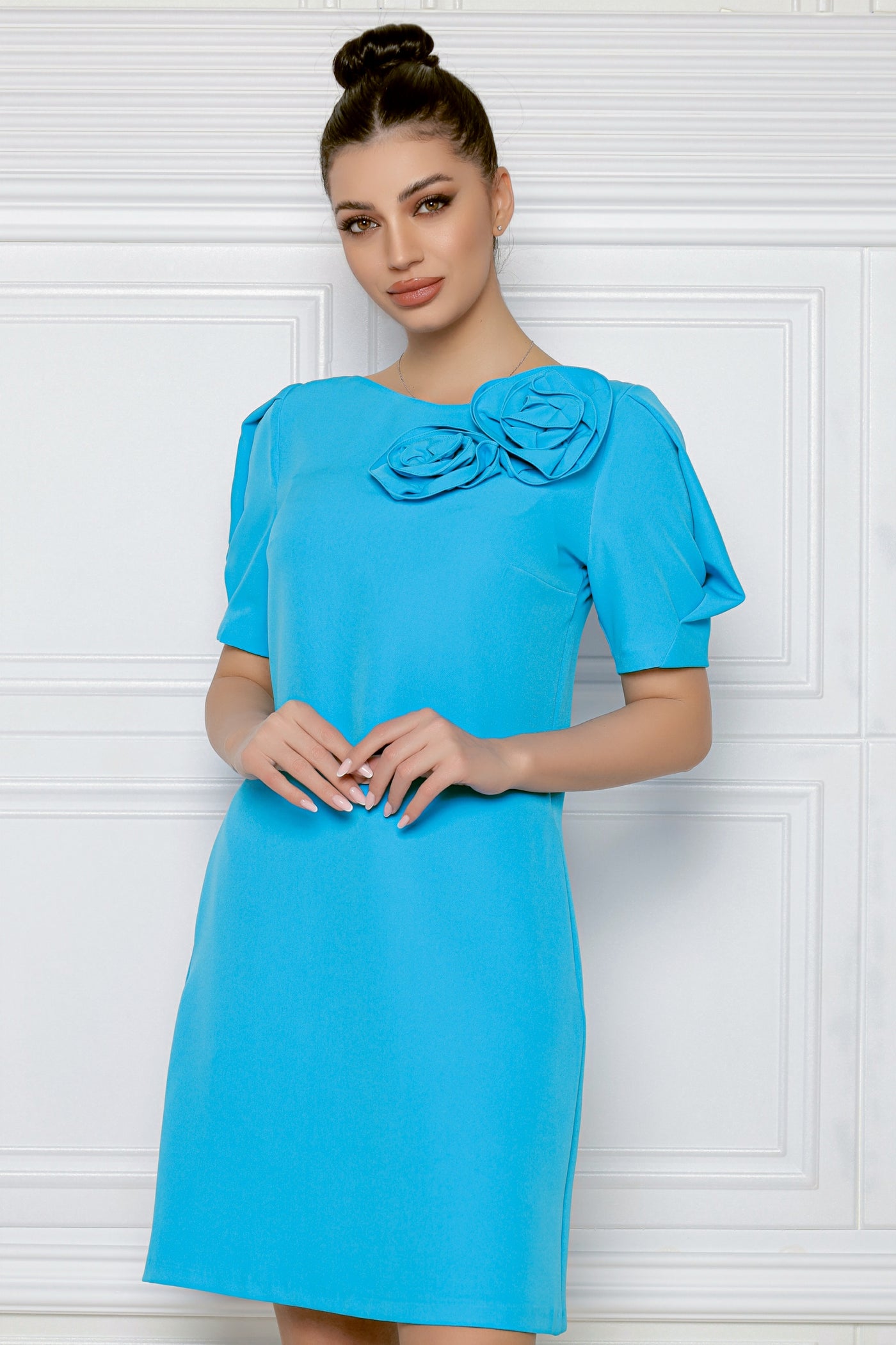 Rochie MBG bleu cu flori 3D pe umar