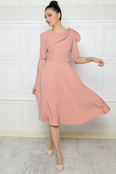 Rochie MBG peach cu fald strans pe umar