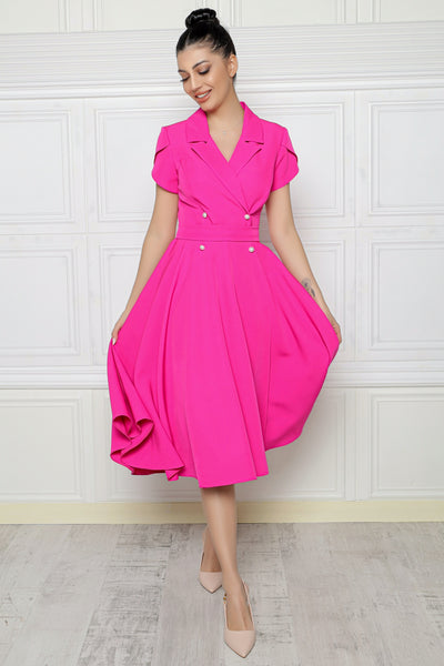 Rochie MBG fuchsia cu revere si nasturi perlati