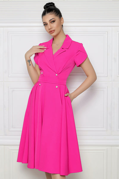 Rochie MBG fuchsia cu revere si nasturi perlati