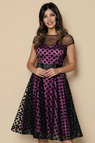 Rochie MBG fuchsia din tulle cu buline si funda in talie