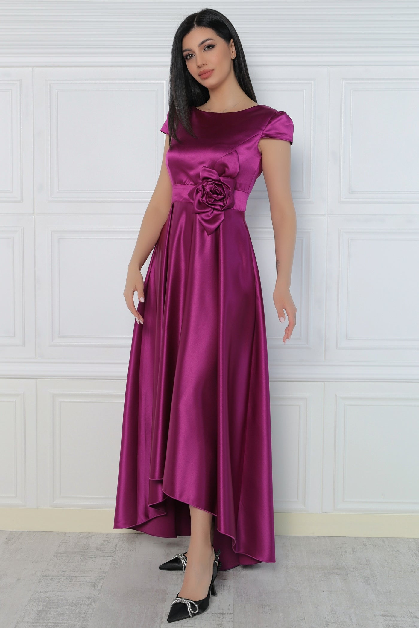 Rochie MBG magenta asimetrica cu floare 3D