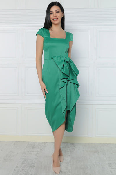 Rochie MBG verde asimetrica cu funda maxi in talie