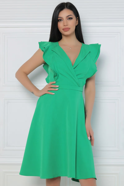 Rochie MBG verde cu revere si volane la bust