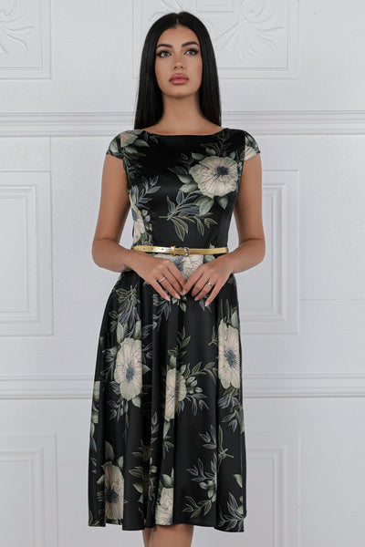 Rochie MBG satinata neagra cu imprimeu floral si curea