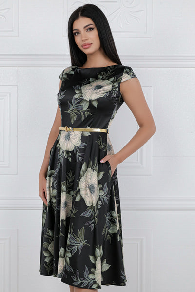 Rochie MBG satinata neagra cu imprimeu floral si curea