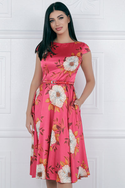 Rochie MBG satinata rosie cu imprimeu floral si curea