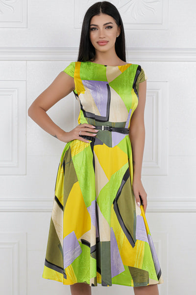 Rochie MBG satinata verde cu imprimeu geometric si curea