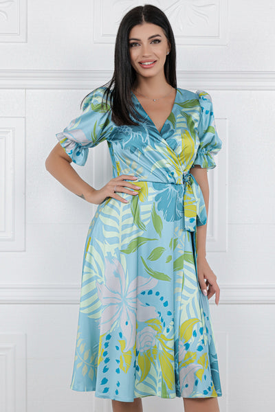 Rochie MBG turquoise din matase cu imprimeu tropical