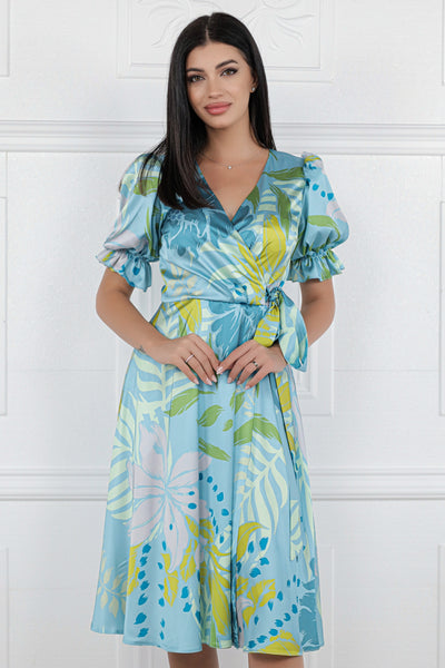 Rochie MBG turquoise din matase cu imprimeu tropical