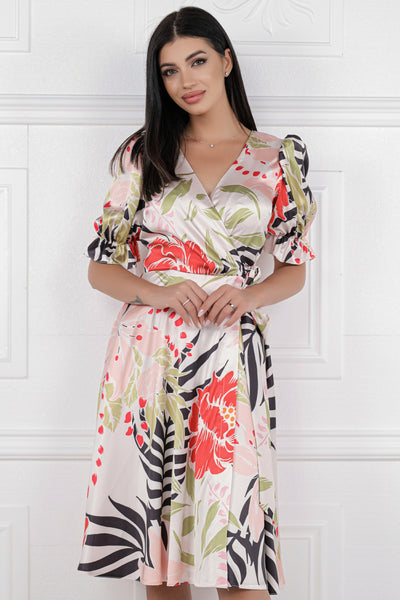 Rochie MBG roz din matase cu imprimeu tropical