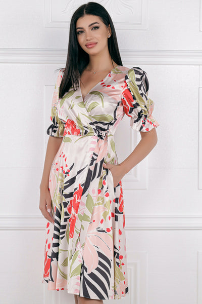 Rochie MBG roz din matase cu imprimeu tropical