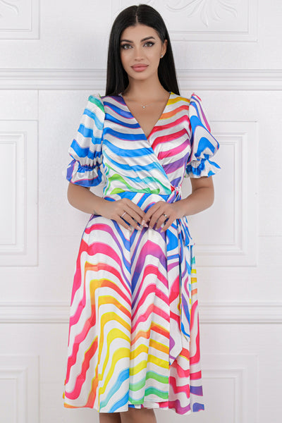 Rochie MBG alba din matase cu imprimeu multicolor