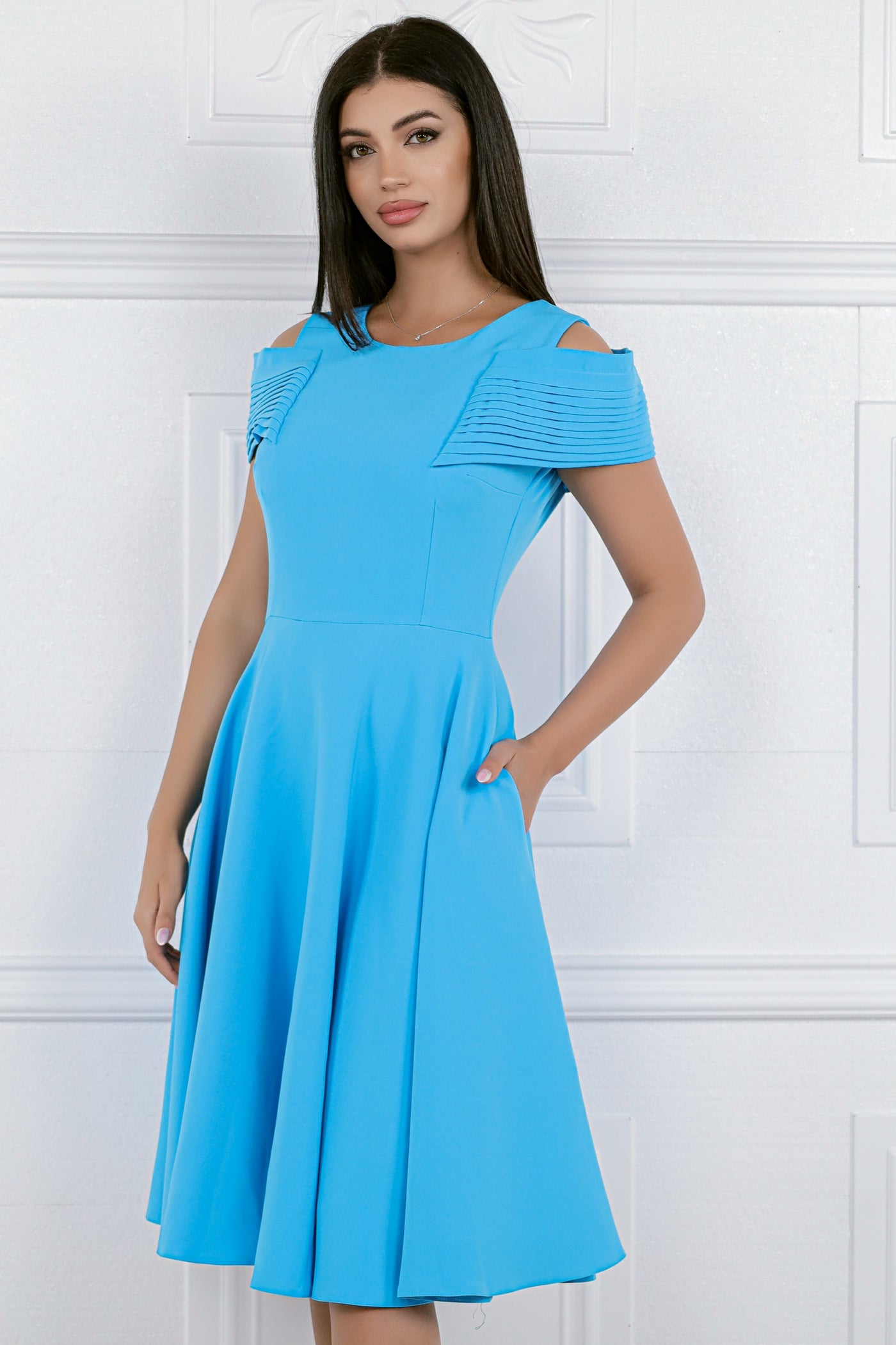 Rochie MBG bleu cu maneca din falduri