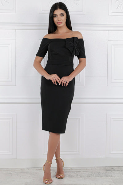 Rochie MBG neagra cu umeri goi si floare 3D