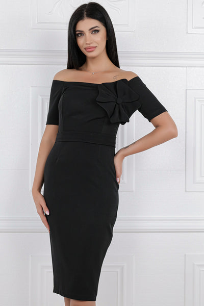 Rochie MBG neagra cu umeri goi si floare 3D