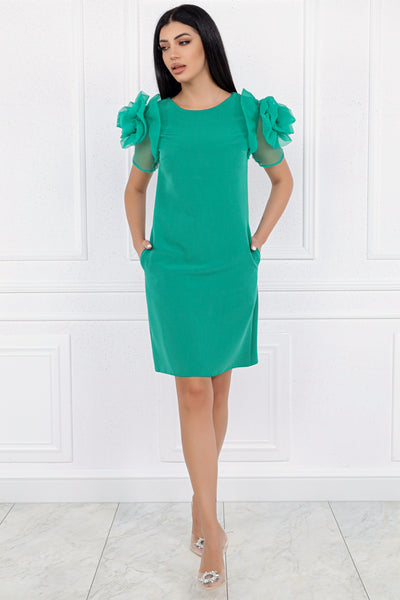 Rochie MBG verde cu trandafir organza pe maneci