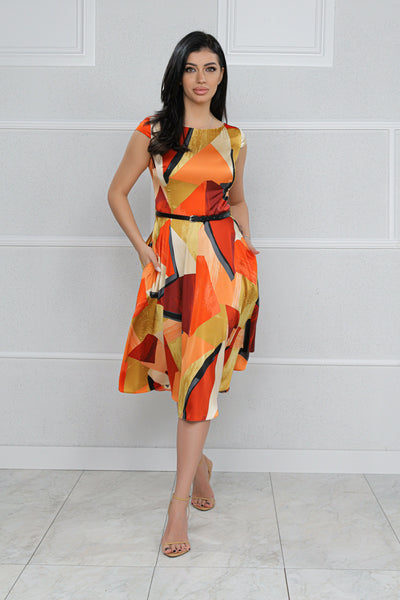 Rochie MBG satinata orange cu imprimeu geometric si curea