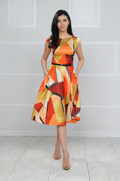 Rochie MBG satinata orange cu imprimeu geometric si curea
