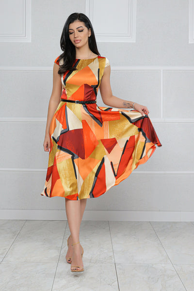 Rochie MBG satinata orange cu imprimeu geometric si curea