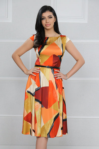 Rochie MBG satinata orange cu imprimeu geometric si curea