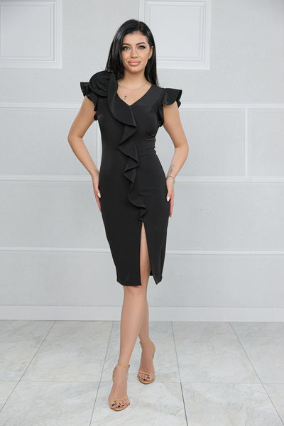 Rochie MBG neagra cu floare si volan pe o parte