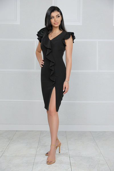 Rochie MBG neagra cu floare si volan pe o parte