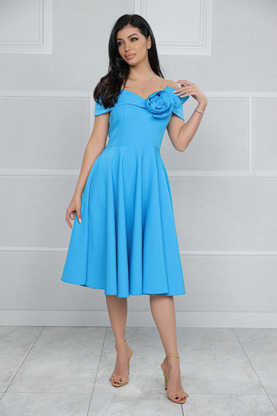 Rochie MBG bleu cu umeri goi si floare 3D pe bust