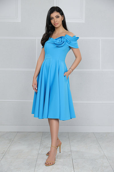 Rochie MBG bleu cu umeri goi si floare 3D pe bust