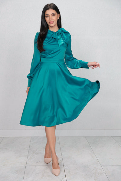 Rochie MBG turquoise satinata cu funda la gat