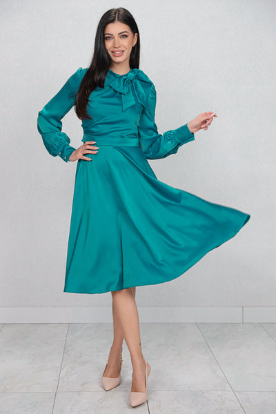 Rochie MBG turquoise satinata cu funda la gat