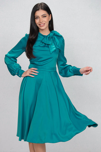 Rochie MBG turquoise satinata cu funda la gat