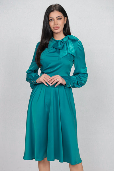 Rochie MBG turquoise satinata cu funda la gat
