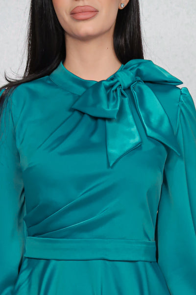 Rochie MBG turquoise satinata cu funda la gat