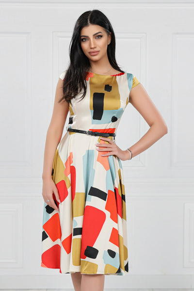 Rochie MBG satinata bej cu imprimeu geometric rosu si curea