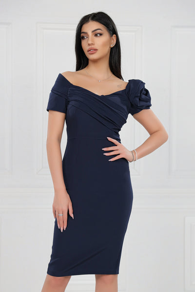 Rochie MBG bleumarin cu umeri goi si floare 3D pe maneca